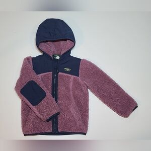 LL Bean Jacket Sherpa Fleece Girls S 4 Deep Pile Full Zip Hoodie Rose Pink/Navy